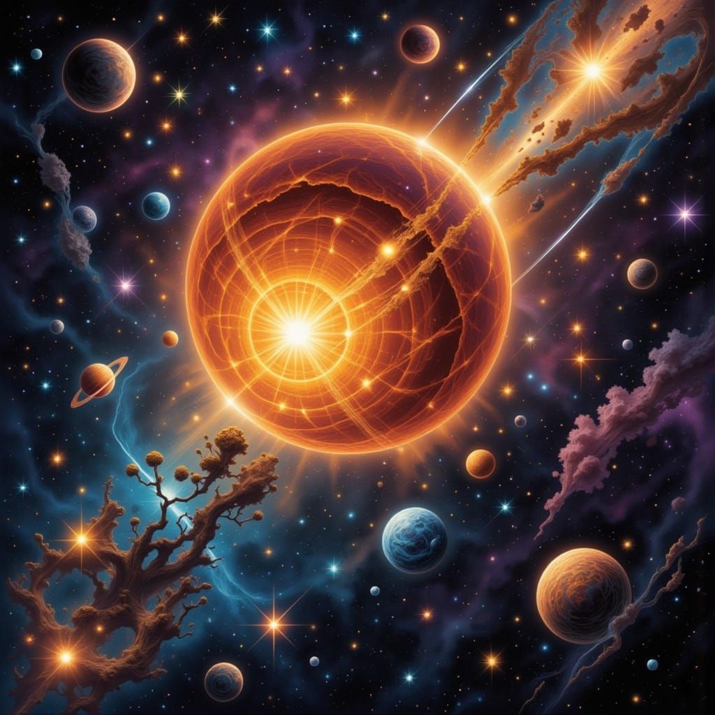 Binary Star System with Nine Planets in Futuristic Realism