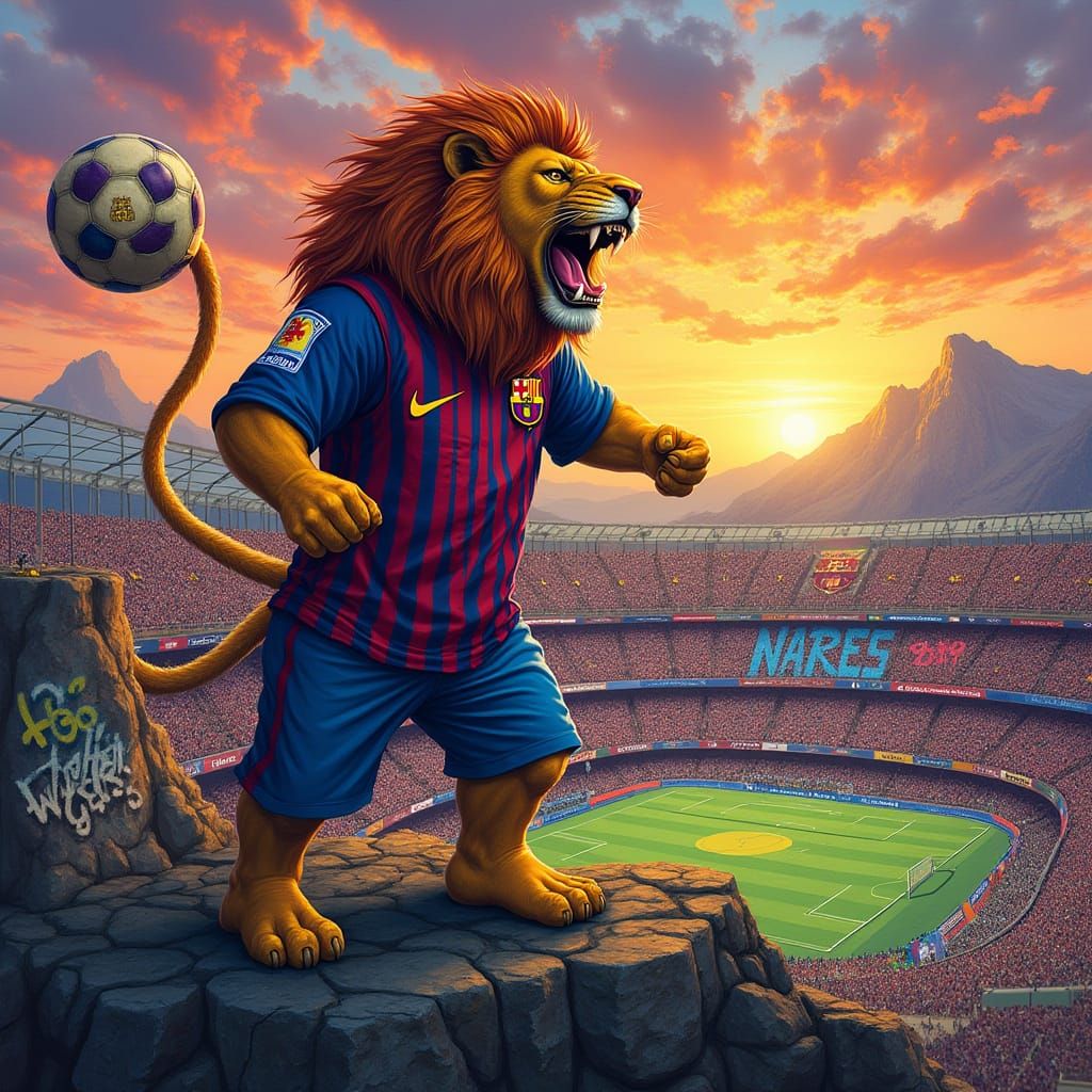 Lion in Barcelona Jersey Graffiti Art Sunset