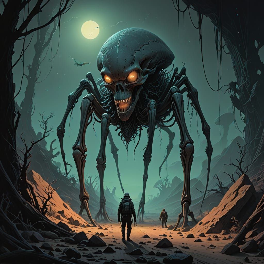 Post-Apocalyptic Desert with Giant Skeletons and Glowing Web...