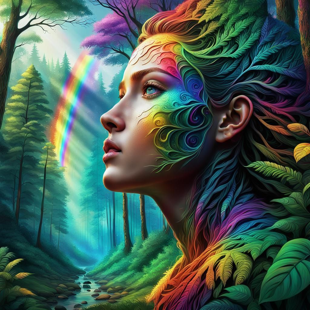 Rainbow Over Detailed Forest in Vibrant Splash Art