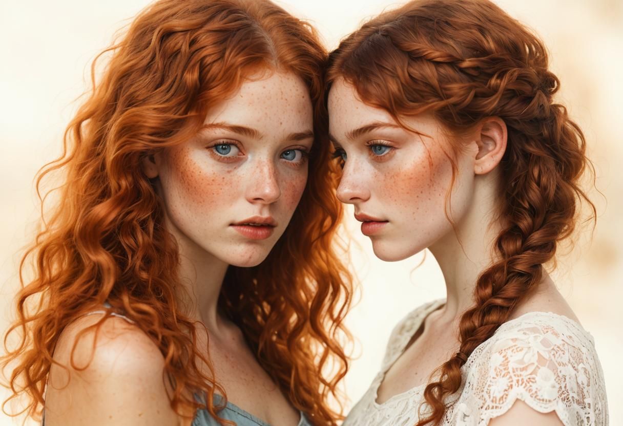 Melancholic Portrait of Twins in Watercolor Style