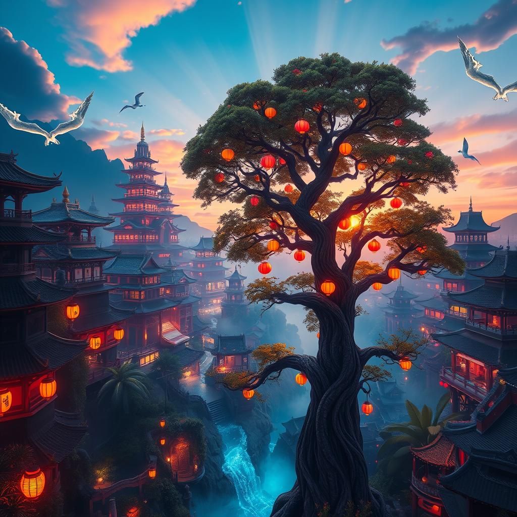 Mystical Fusion Cityscape: Indian, Japanese, and Chinese Art