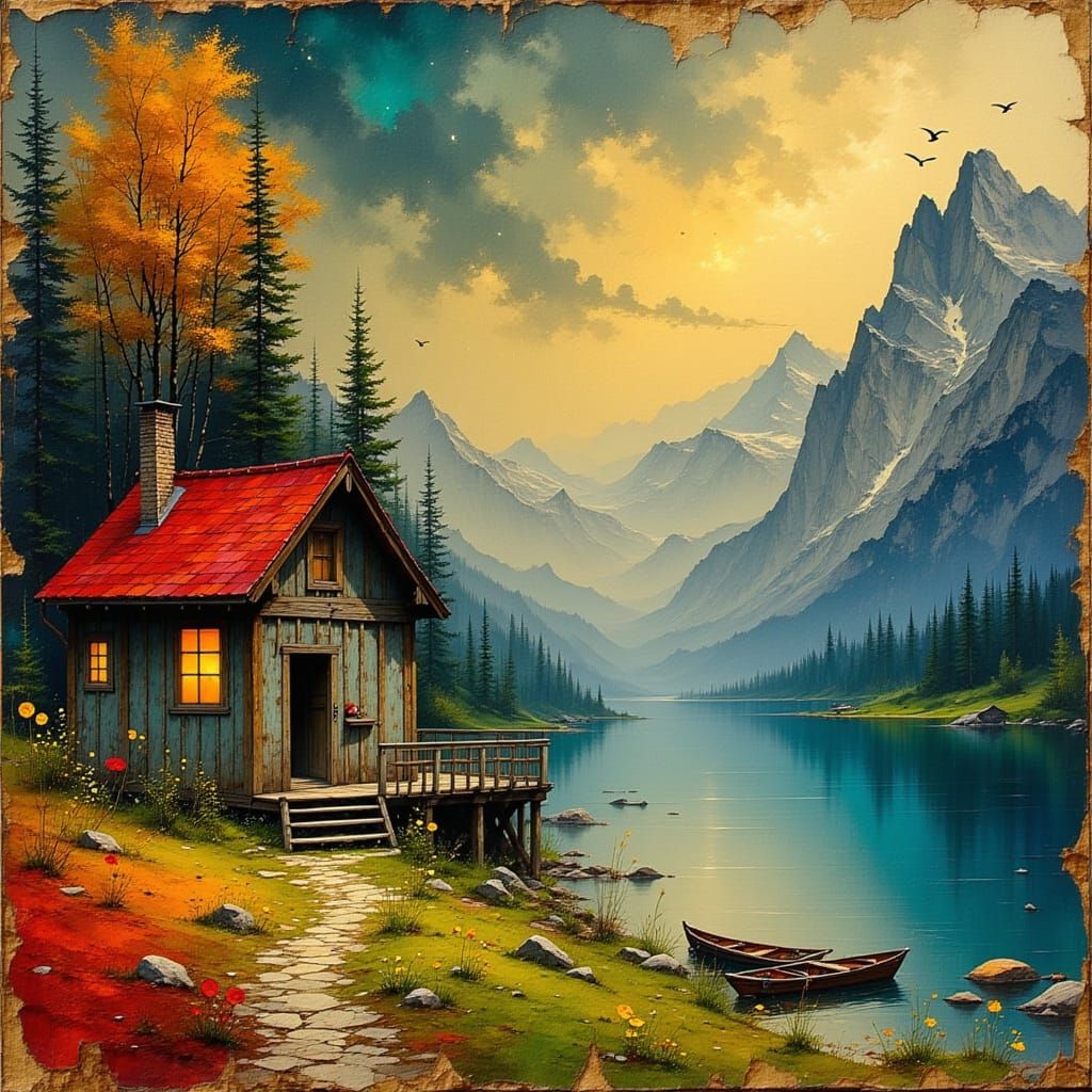 Vintage Cabin by Mountain Lake at Night