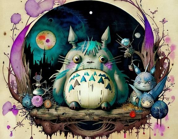 Totoro in Japanese Art Style with Planets