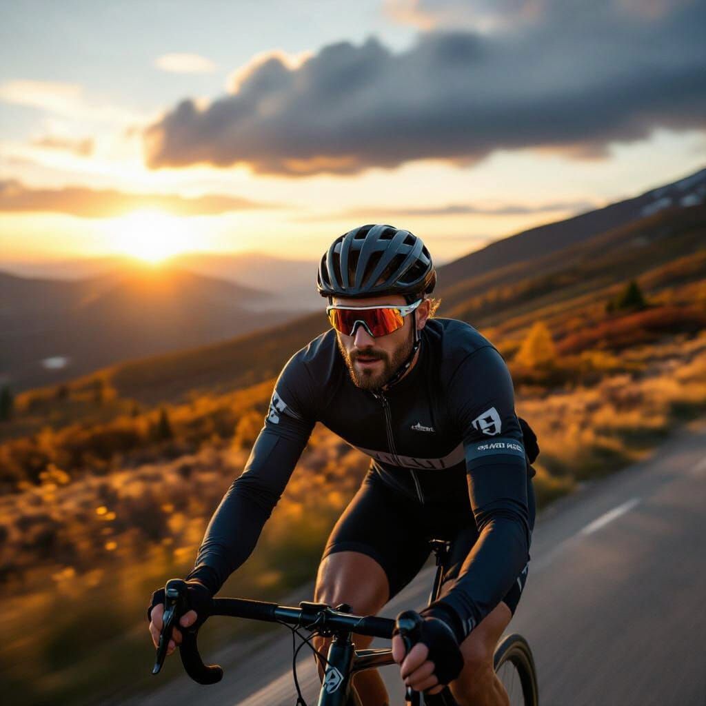 Cyclist in Nordic Autumn Landscape Under Golden Sun