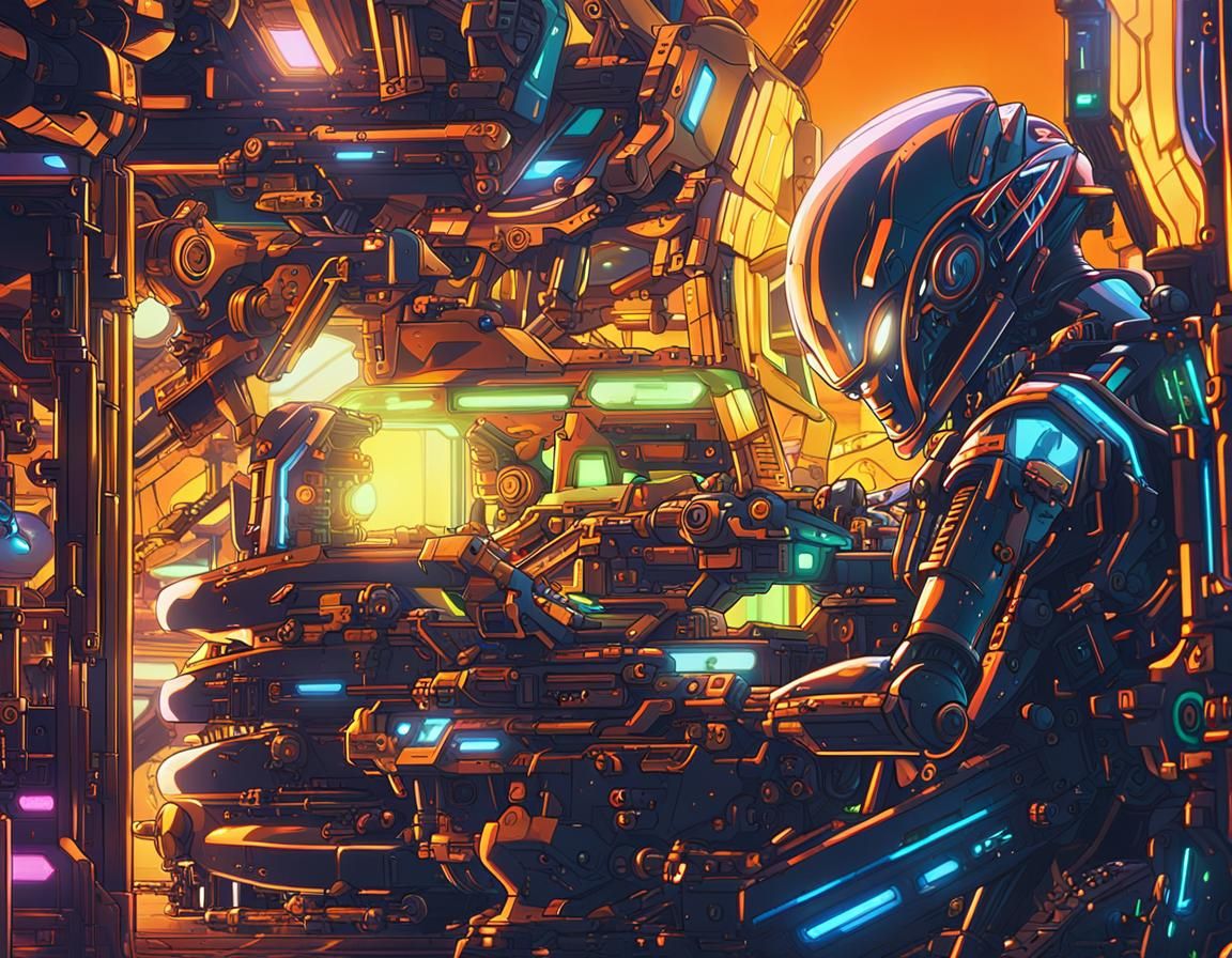 Alien Mechanics Repairing Spaceship in Anime Style