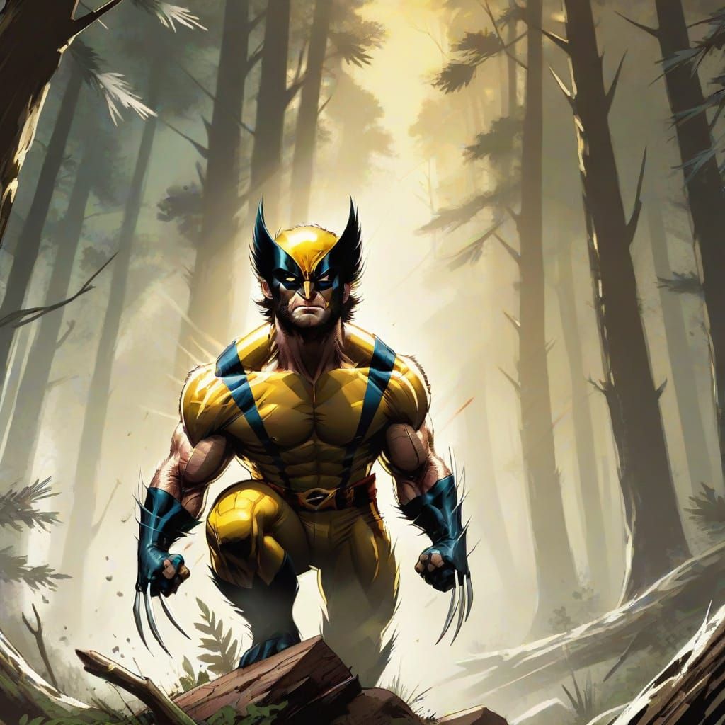 Wolverine in Forest, Vibrant Comic Book Style