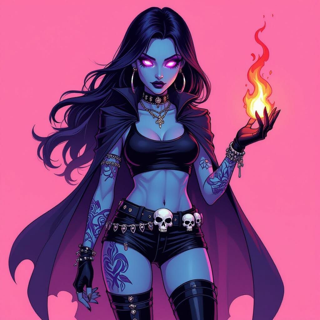 Mysterious Sorceress with Burning Flame in Cartoon Style