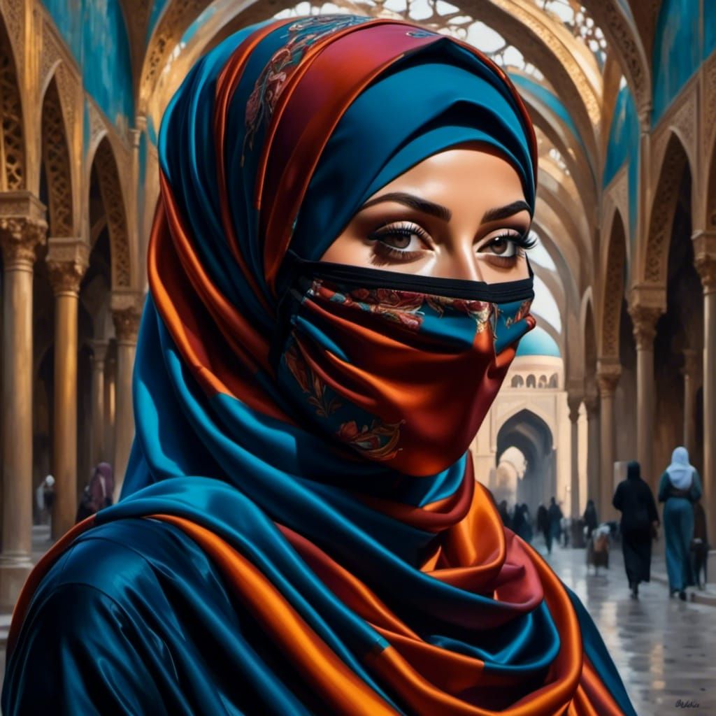 Masked Beauty in Hijab: Oil Painting Style