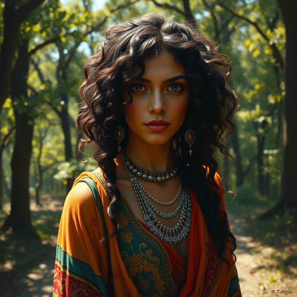 Enigmatic Romani Woman in Baroque Forest Clearing
