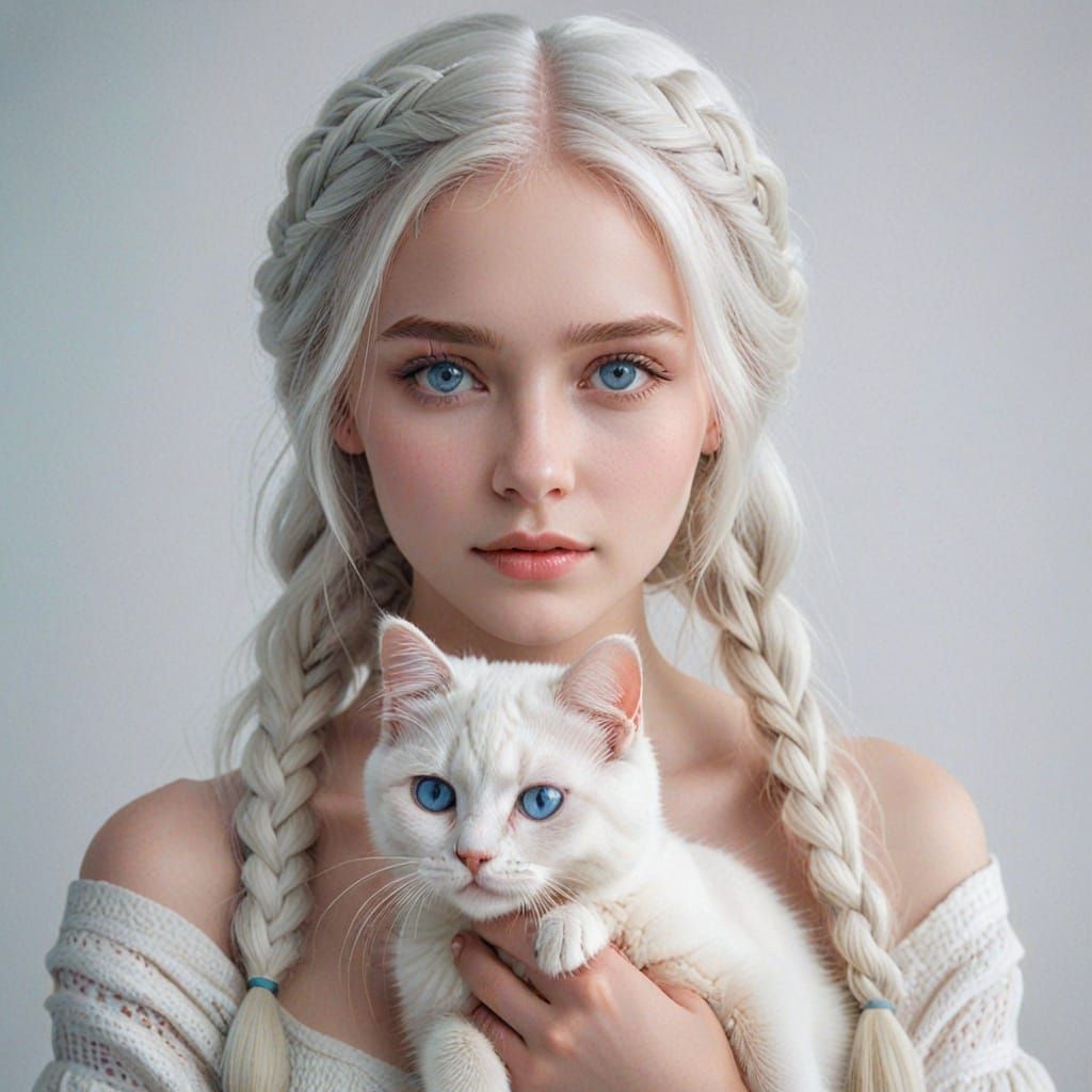 Ethereal Woman with White Cat: Hyperrealistic Portrait