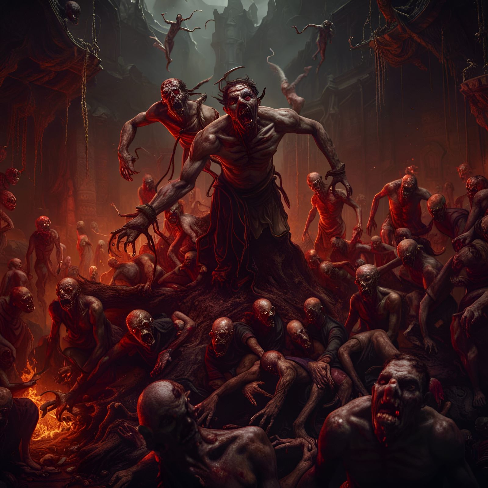 Demons Torturing Zombies in Hell: Detailed Matte Painting
