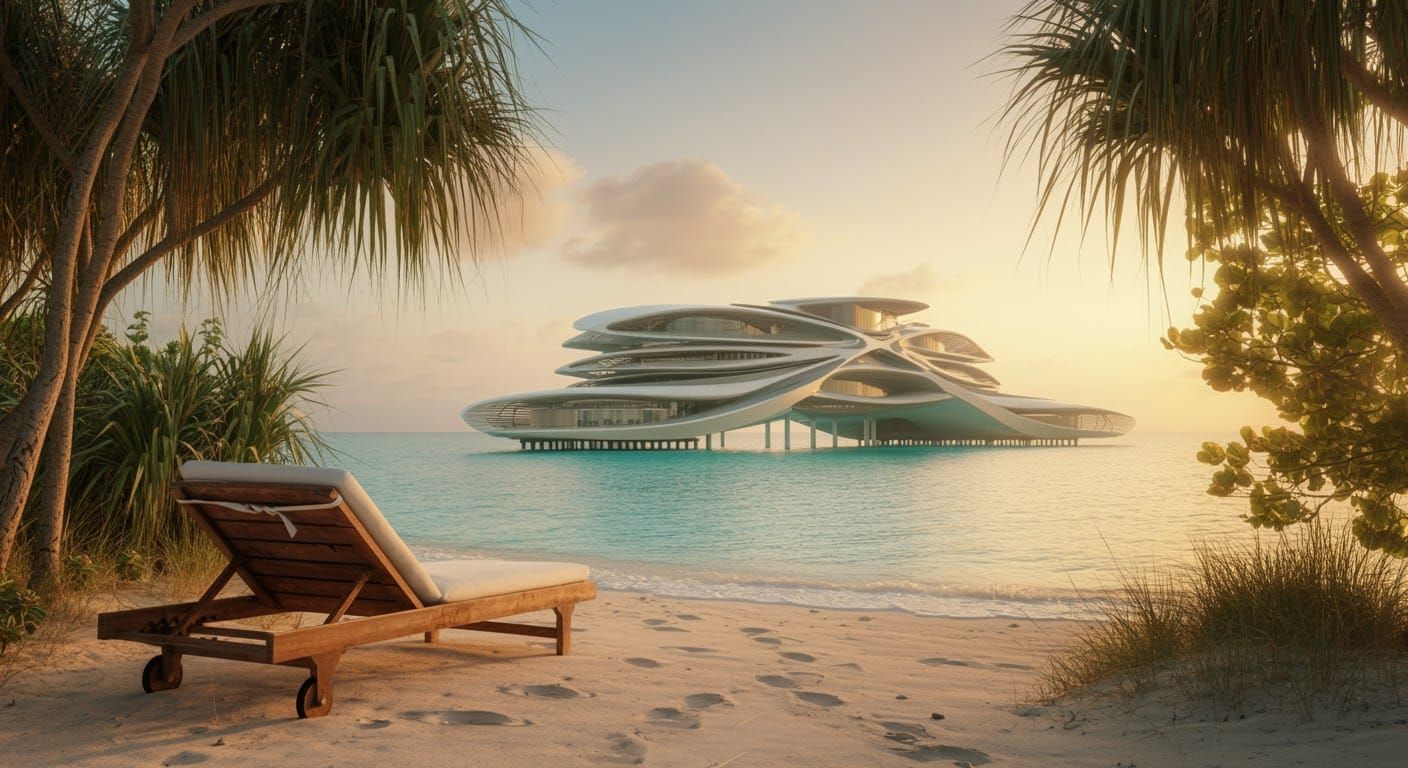 Sunset Beach with Modern Resort in Calatrava Style