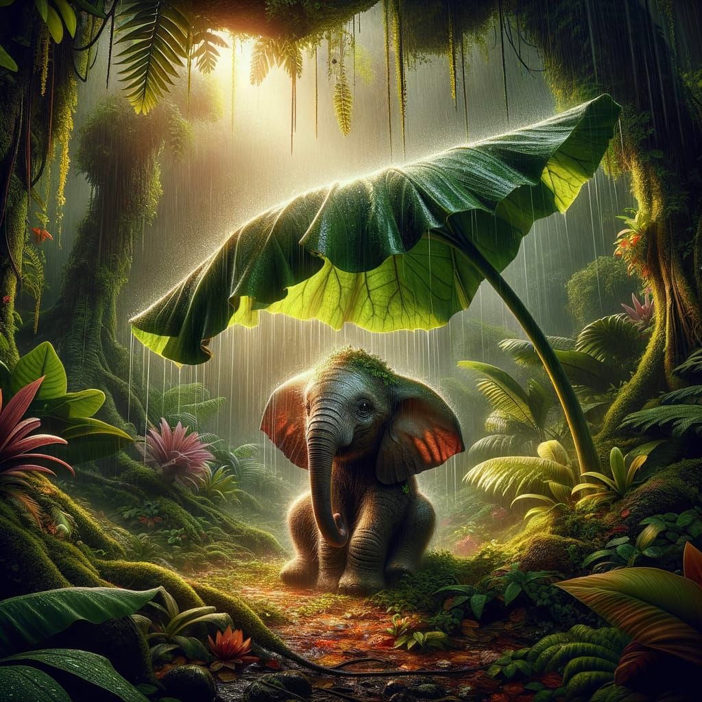 Melancholic Elephant Seeks Shelter in Jungle Rain