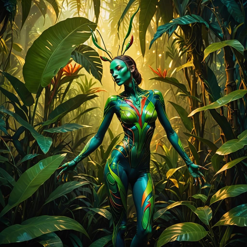Praying Mantis Woman in Surreal Jungle