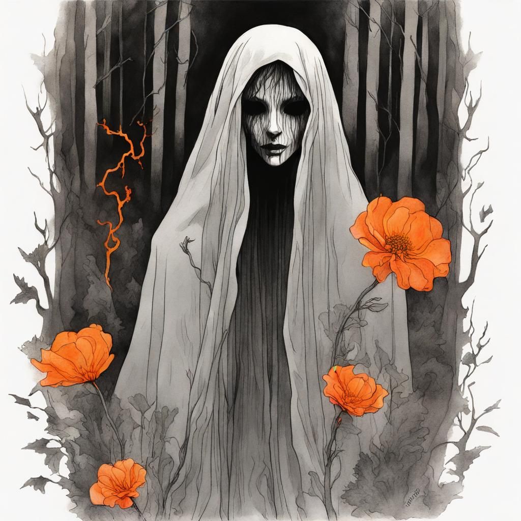 Eerie Ghostly Woman in Smoky Forest Ink Drawing