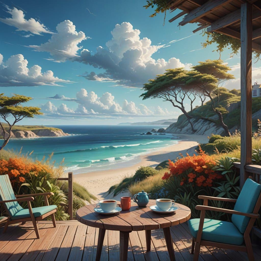 Golden Beach Terrace in Impressionistic Style