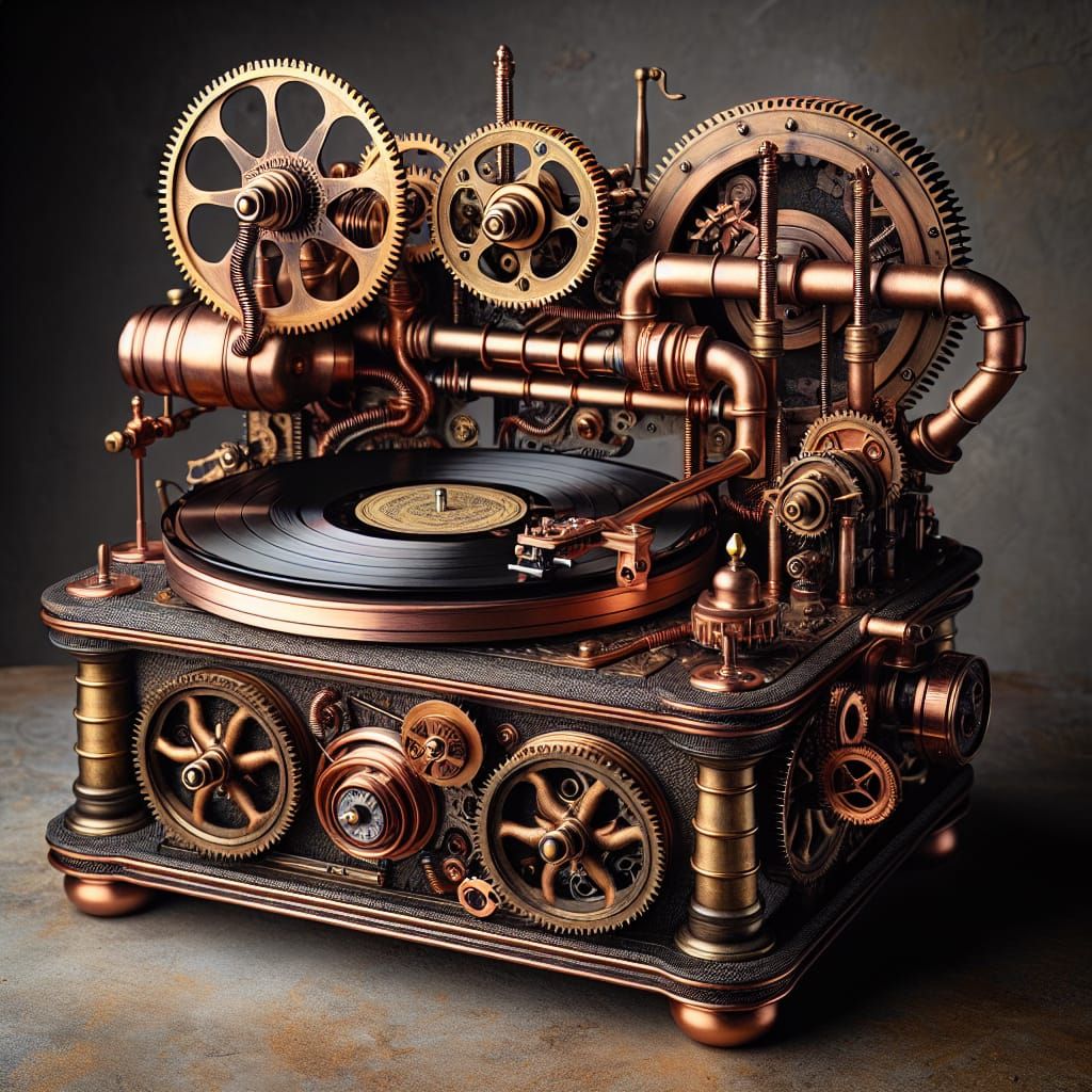 Intricate Steampunk Record Player with Bronze Piping
