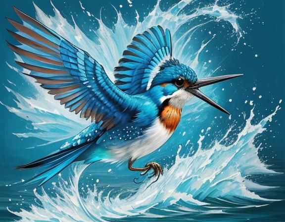 Kingfisher Hunting, Impasto Oil Painting Style