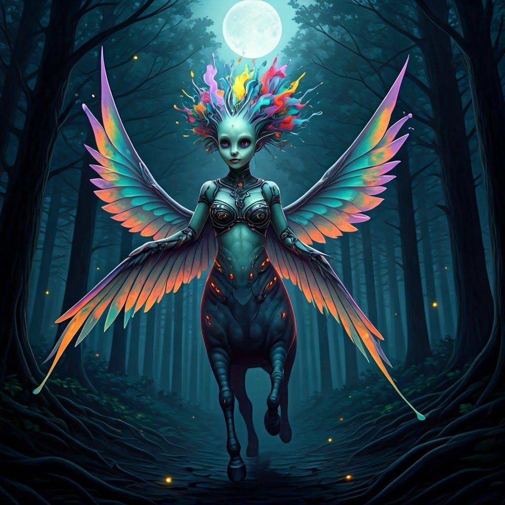 Alien Centaur in Moonlit Forest: A Surreal Gallop