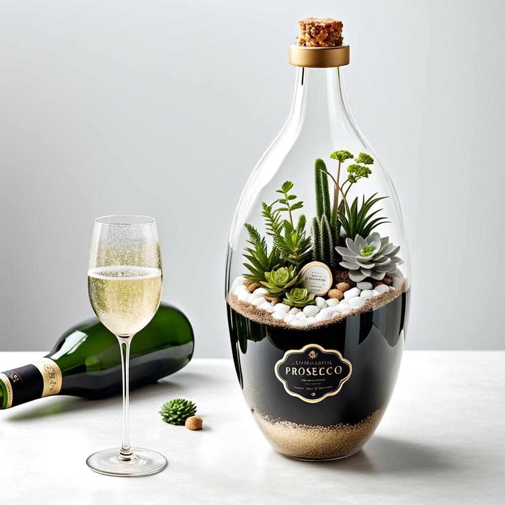 Terrarium garden inside a champagne prosecco bottle