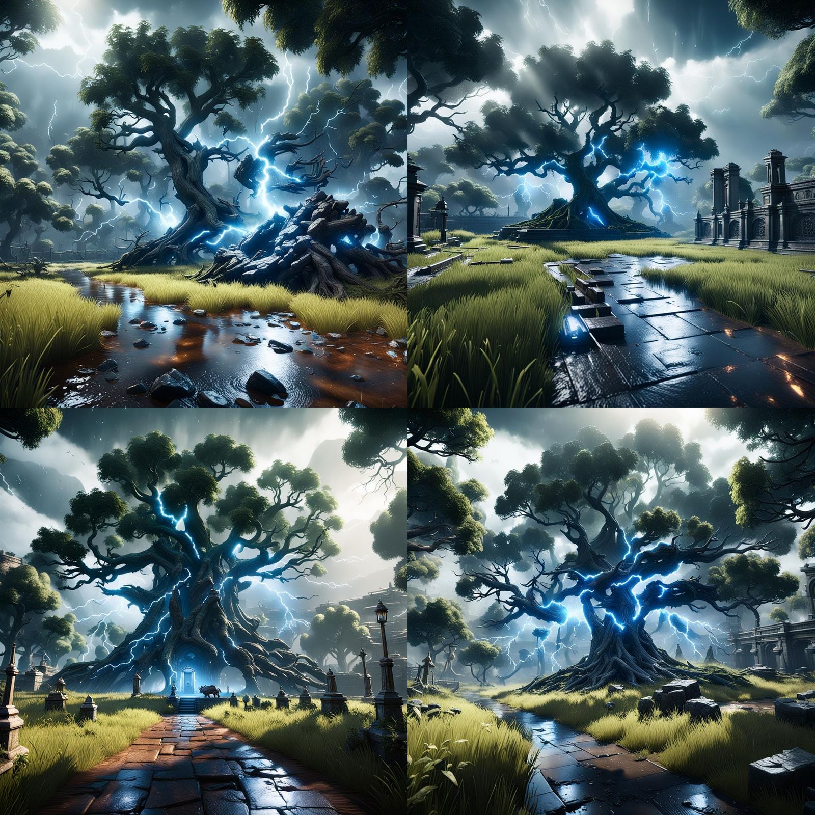 Epic Thunderstorm Over Meadow in 3D Game Style