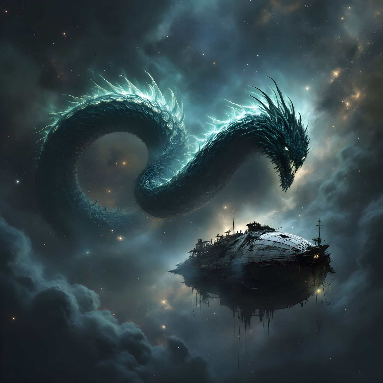 Ancient Serpent Coils Gothic Airship in Cosmic Nebula