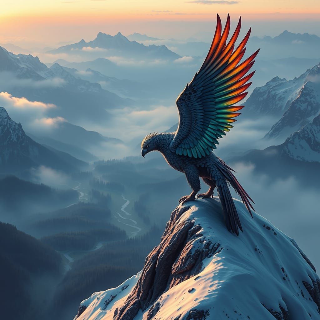 Griffin Overlooking Misty Valley in Hyperrealistic Style