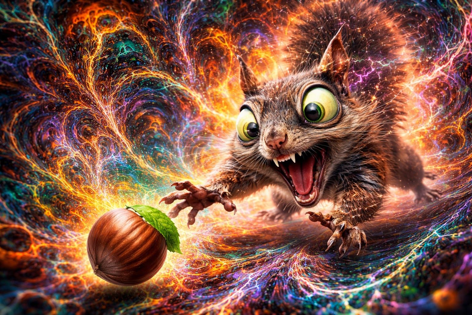 Surreal Squirrel Chasing Hazelnut in Warped Reality