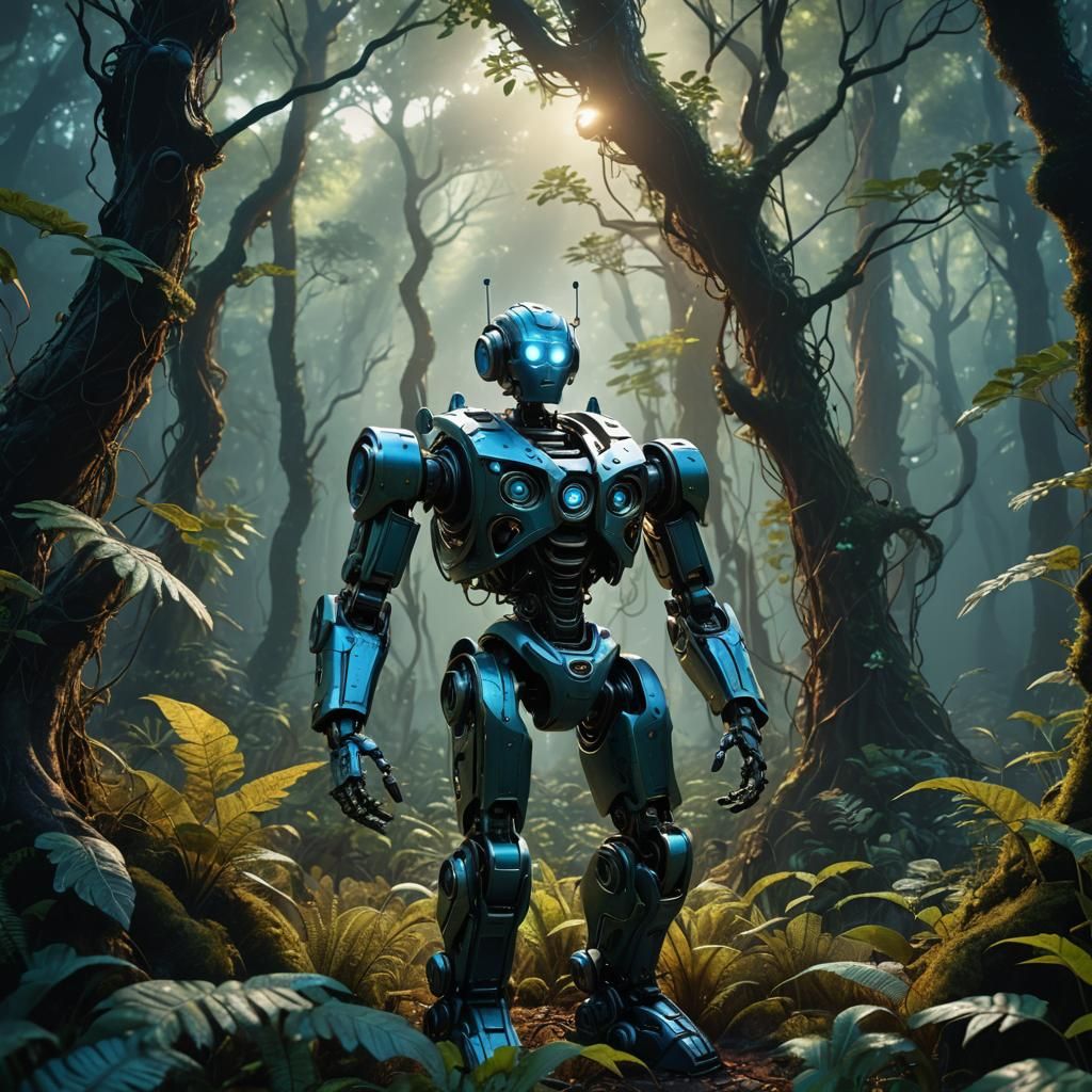 Robotic Figure in Mystical Forest: 3D Render