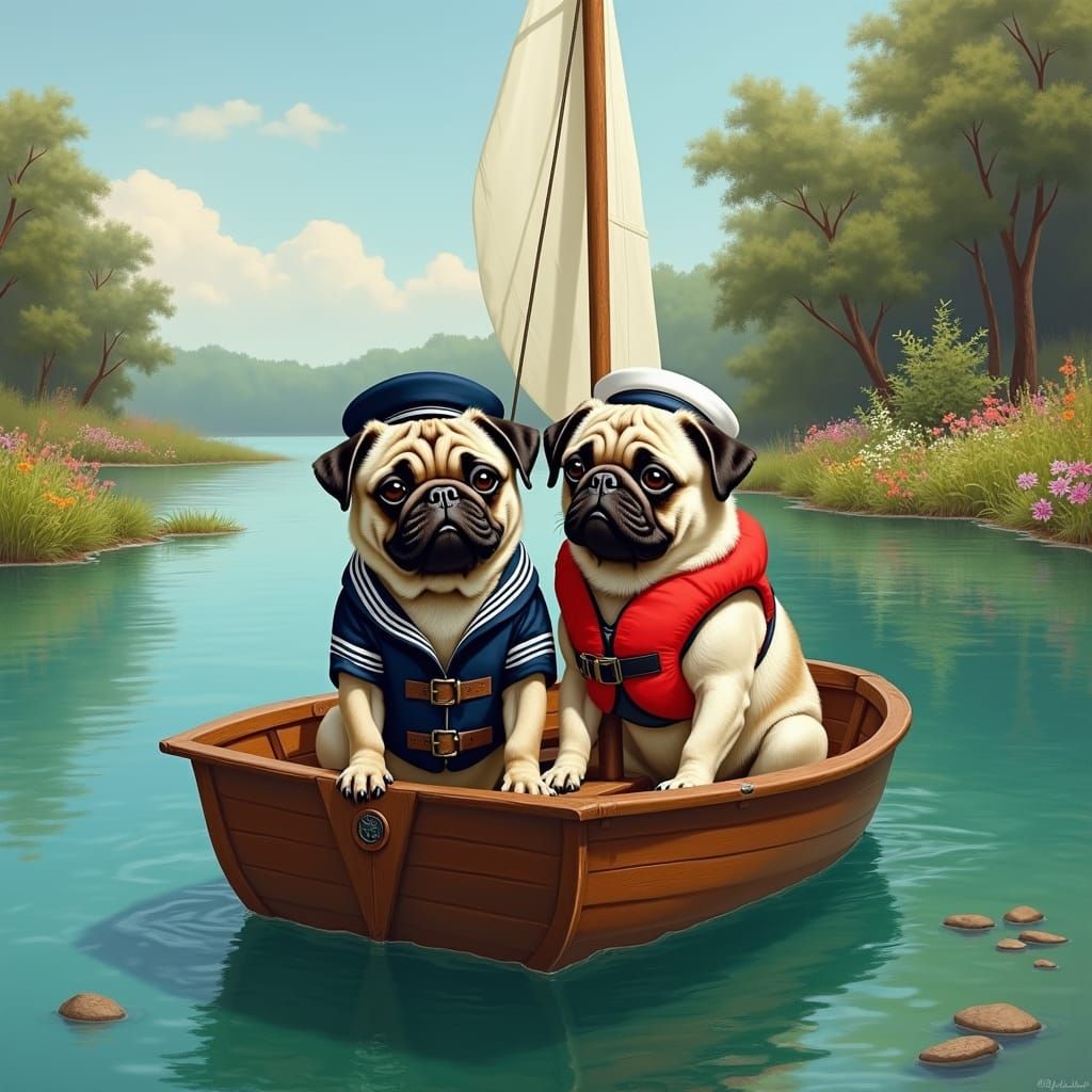 Pugs Sailing on a Lake, Realist Style