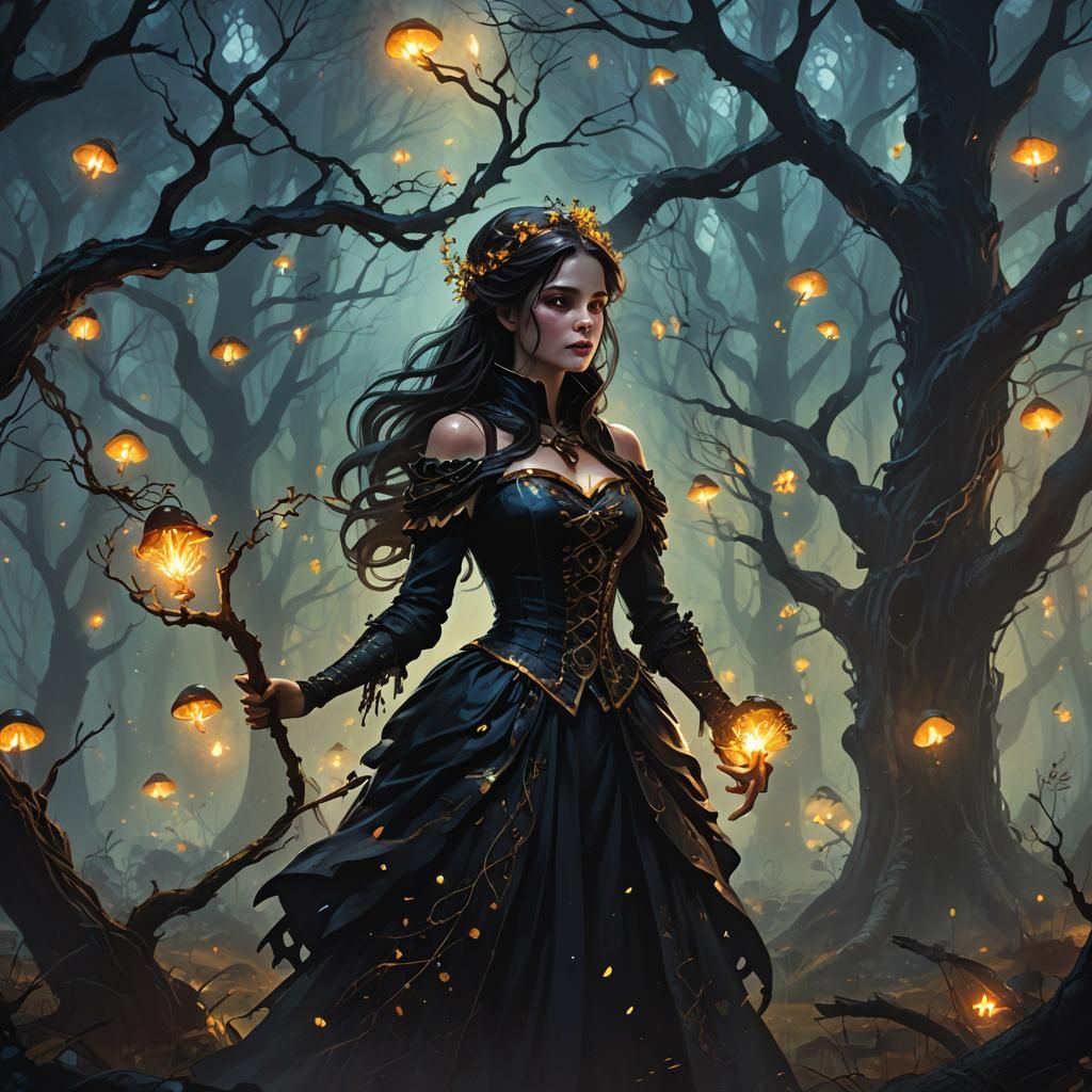 Mysterious Belle in Gothic Forest: Dark Fantasy Art