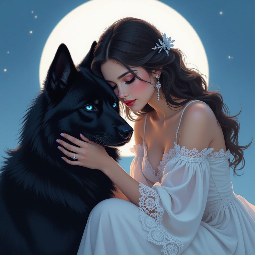 Girl with Hellhound in Mystical Moonlight