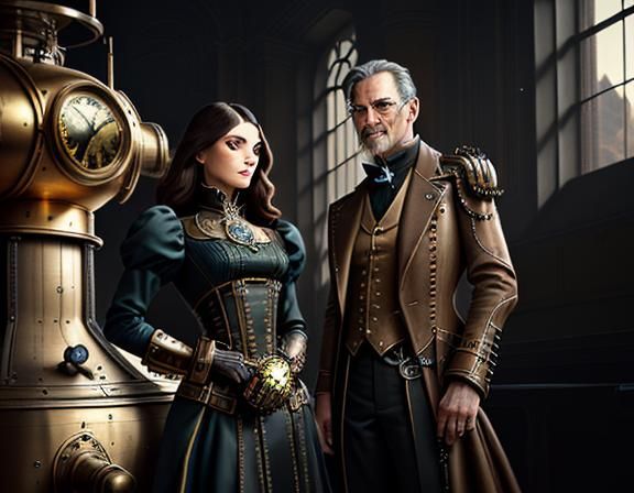 Steampunk Twins in Time Machine: Cinematic Digital Art
