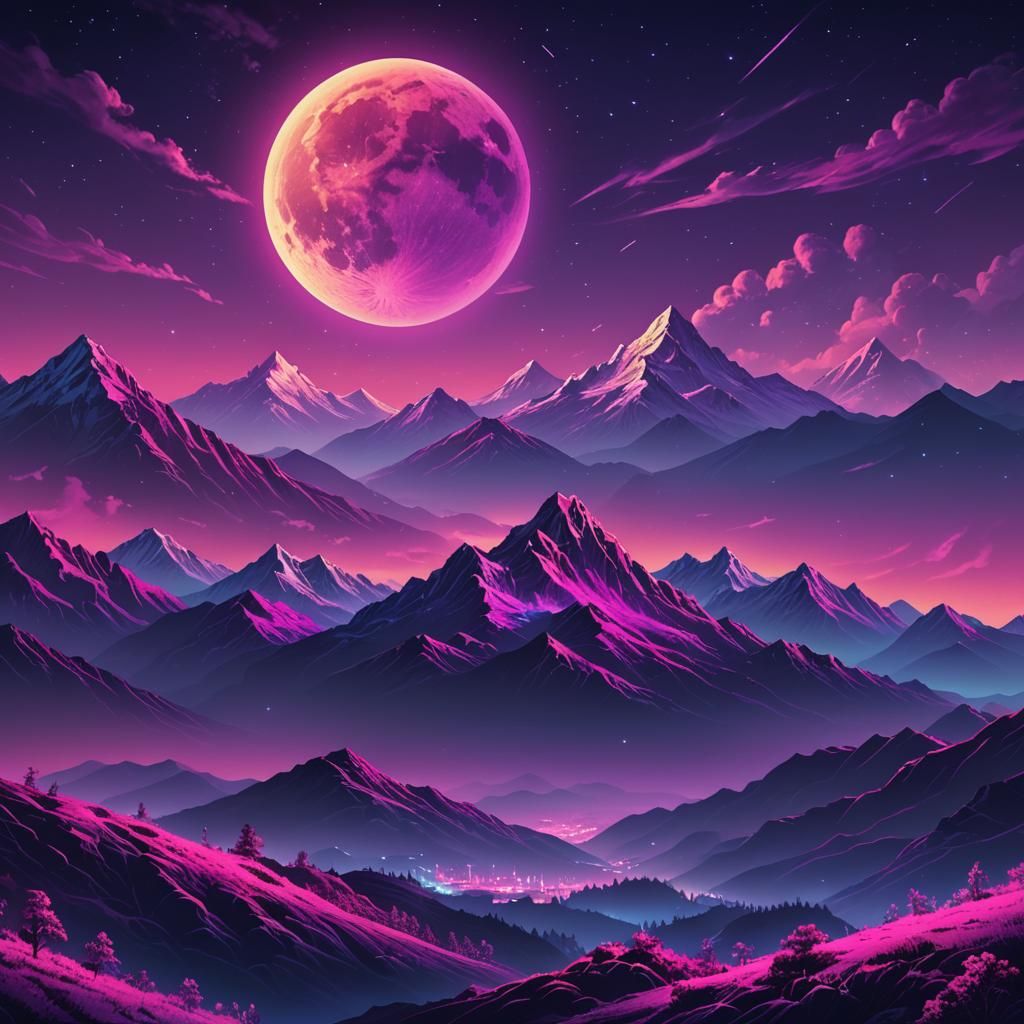 Synthwave Mountain Landscape with Neon Mist