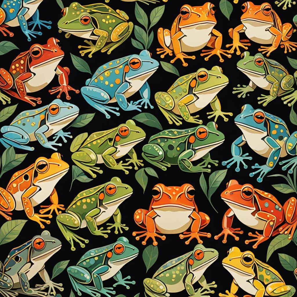 Frogs in Art Deco Splendor, Inspired by Picasso's Innovative...