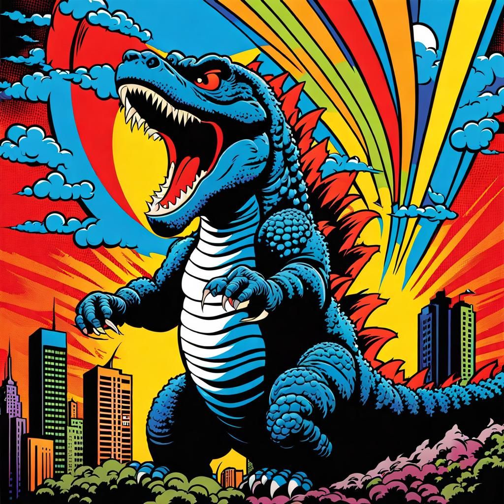 Godzilla in Vibrant Pop Art Comic Style