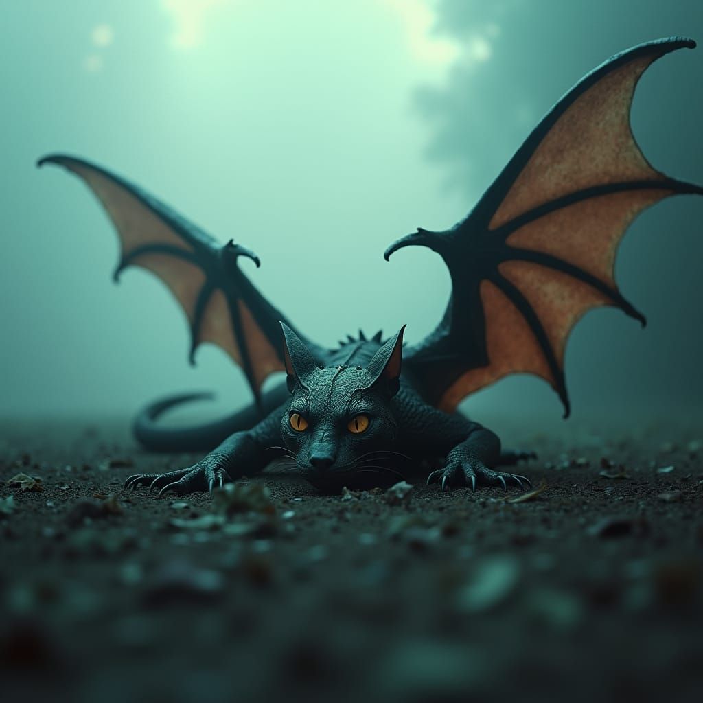 Hybrid Creature in Mist-Shrouded Landscape