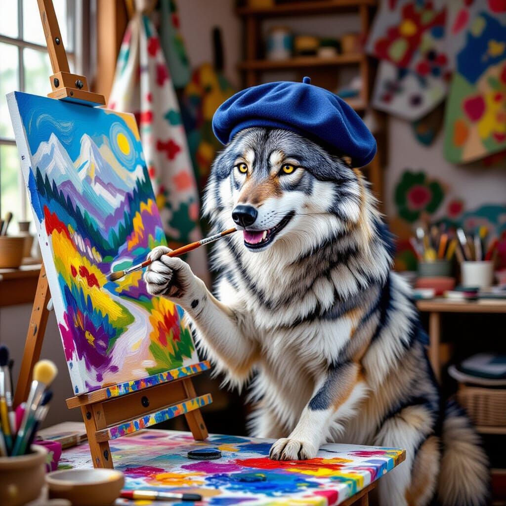 Wolf Artist in Cozy Studio, Oil Painting Style
