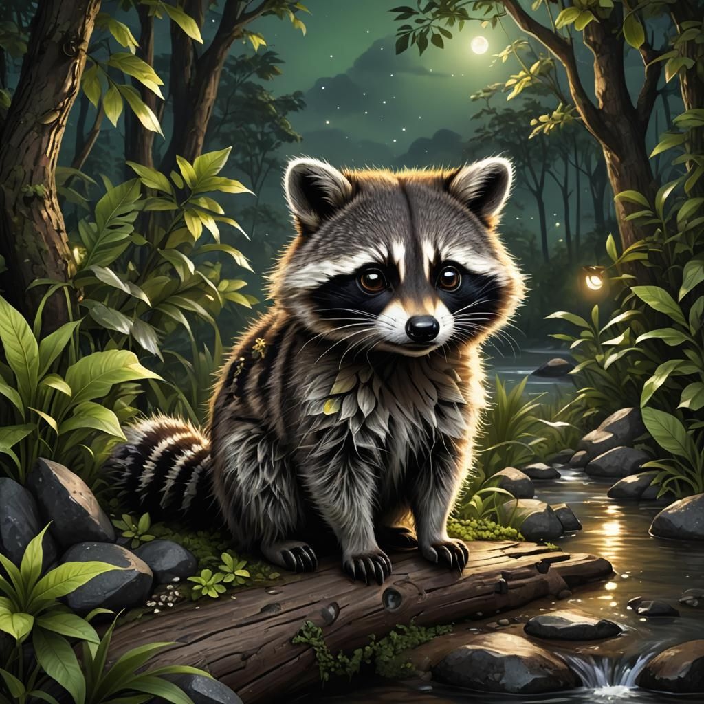Adorable Raccoon in Lush Jungle Night Scene