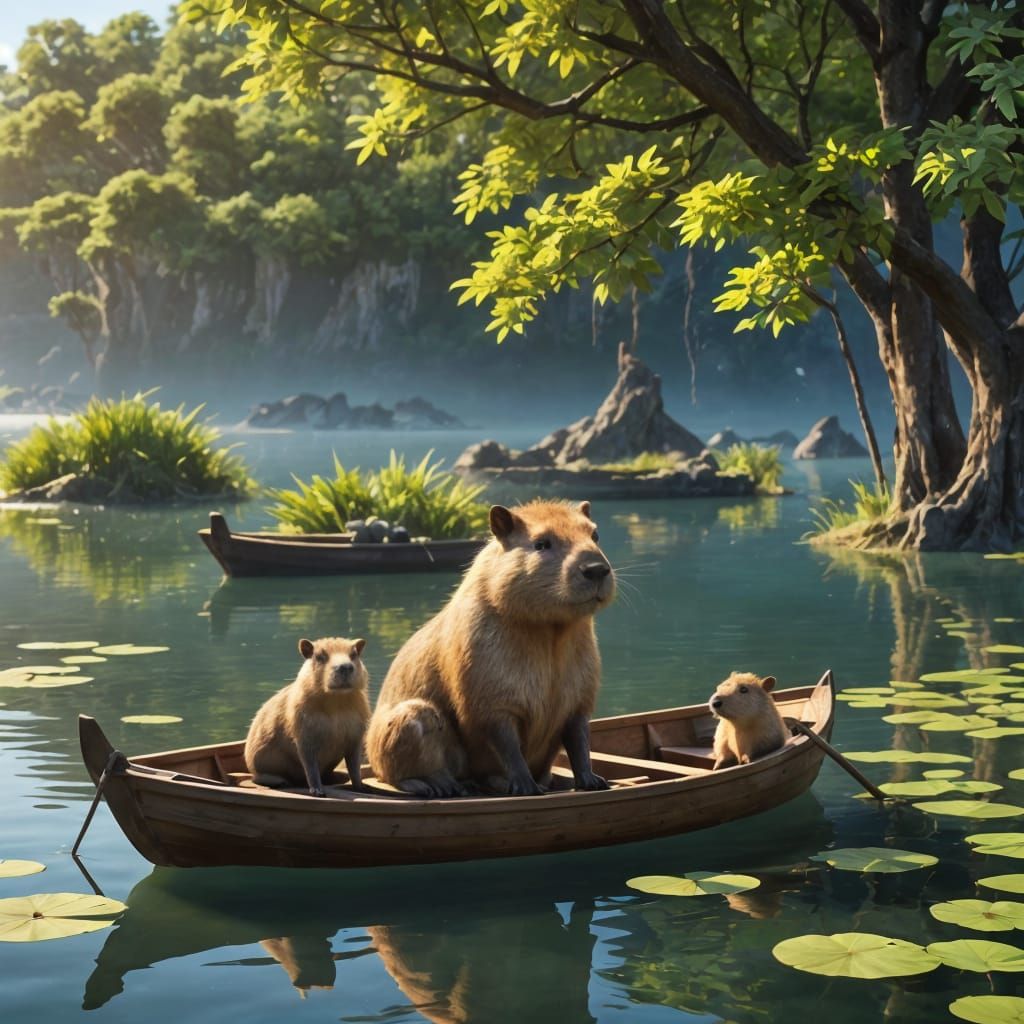 Capybara Mother and Baby in Anime Art Style