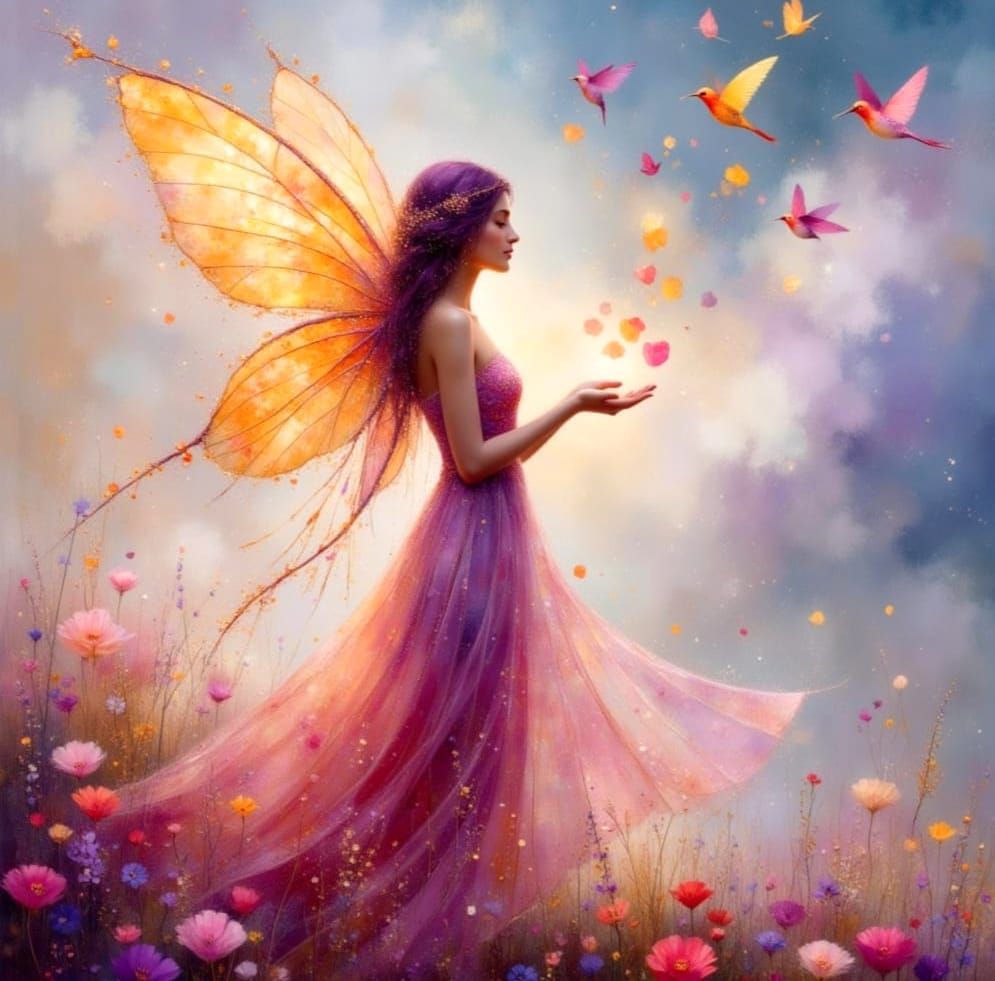 Ethereal Fairy with Hummingbirds in Dreamy Landscape