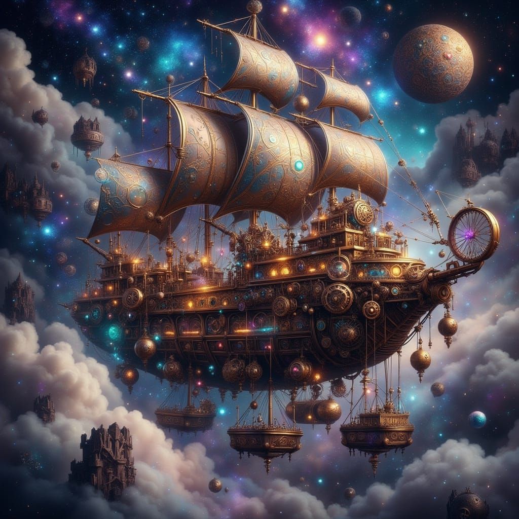 Steampunk Airship Sails Through Nebula in Ethereal Light