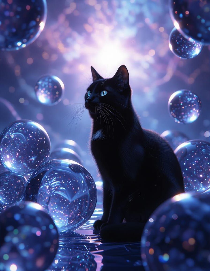 Mysterious Black Cat Among Glowing Glass Spheres