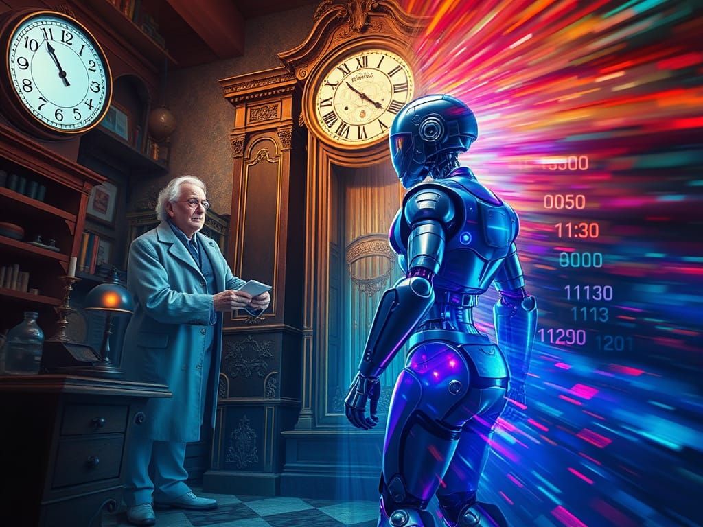 Victorian Scientist and Cyborg in Surreal Time Portal