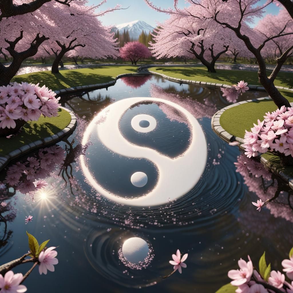 Yin Yang in Cherry Blossom Pond