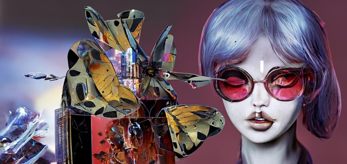Fashion Model in Futuristic City with Butterfly Drones