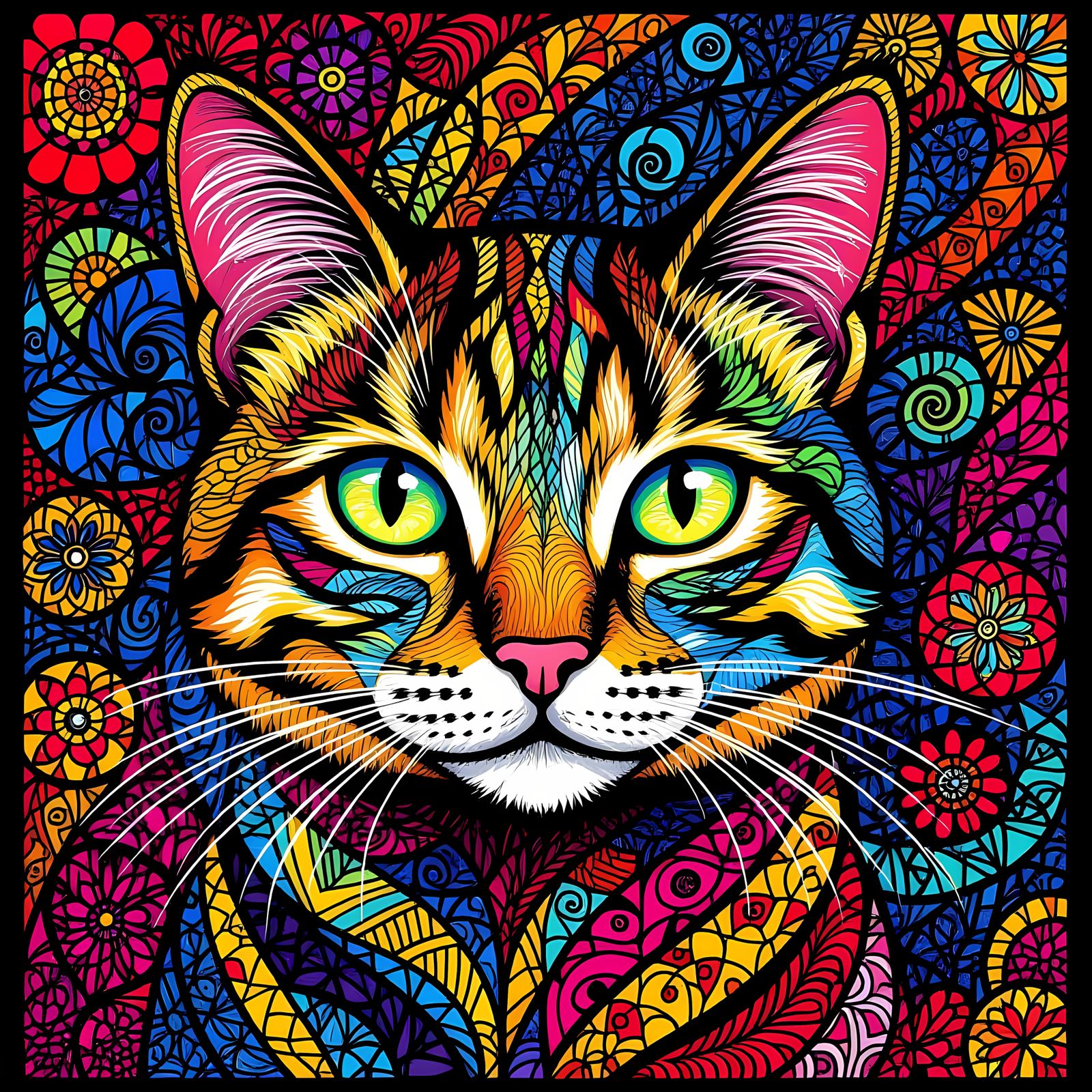 Vibrant Zentangle Cat Head Illustration with Intricate Patte...