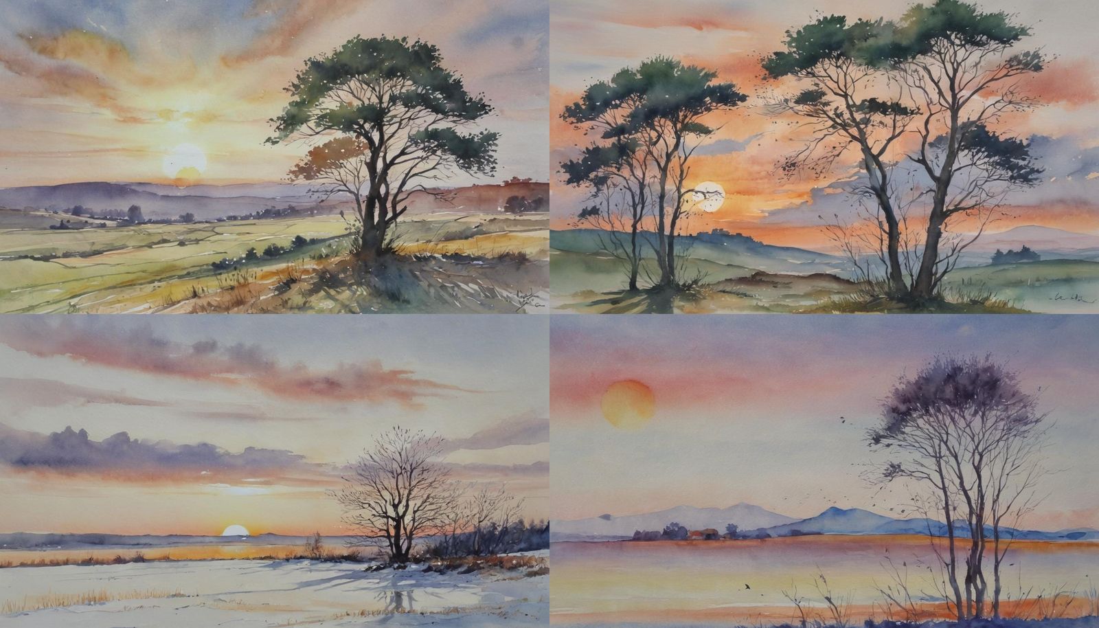 Watercolor Landscape at Sunrise Painting