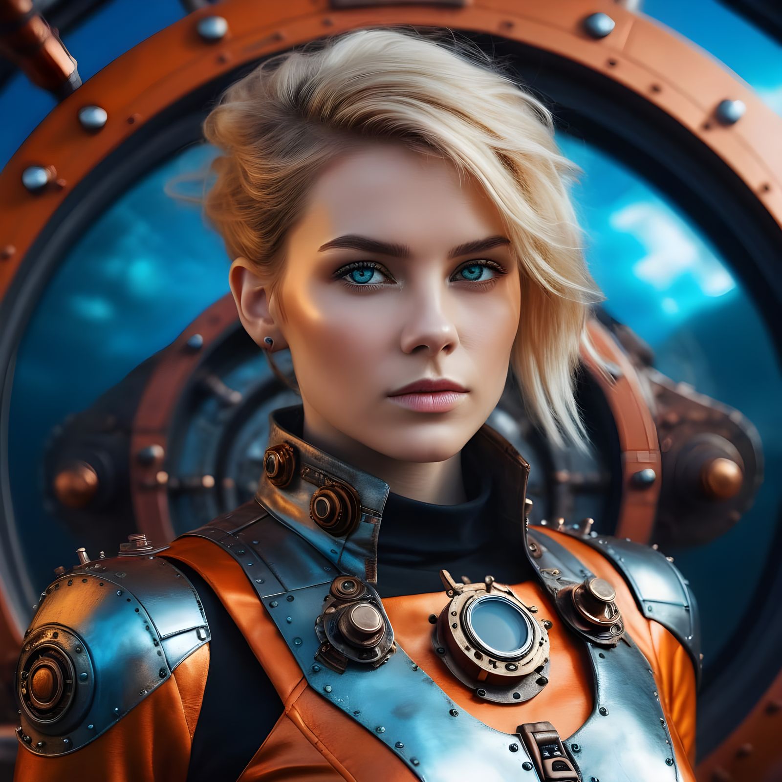 Voluptuous Steampunk Goddess in Orange Body Suit